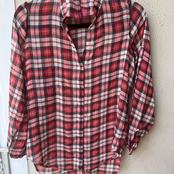Band of Gypsies red plaid button-up, tunic length, sheer material, size Small - Picture 6 of 8